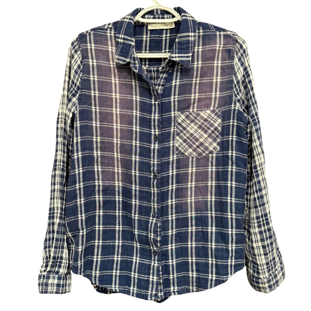 Paper Crane Womens Plaid Button Down Shirt Long Sleeve Blue White Small